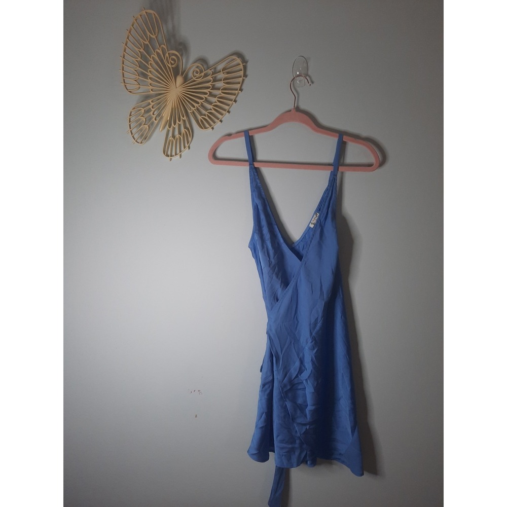 Free People Intimately Blue Wrap Mini Dress Spaghetti Strap Satin Feel